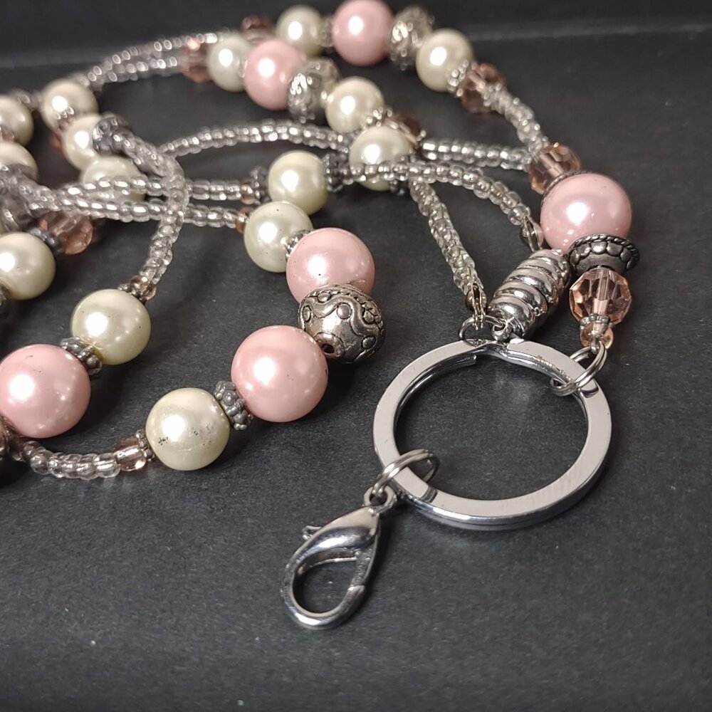 Heavy Pink And Cream Glass And Metal Beaded Lanyard